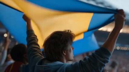 A massive crowd in a stadium holding up a giant unfolding flag during the national anthem, emotional expressions captured in dramatic lighting — collective patriotism, sports culture unity, and