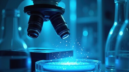 A scientific microscope examining a glowing substance in a laboratory setting