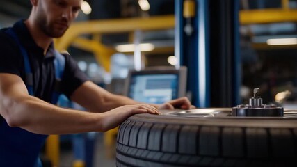 A mechanic carefully balancing a car wheel on a digital spin balancer, the tire rotating at high speed as LED numbers stabilize on the screen — precision automotive balancing, professional workshop