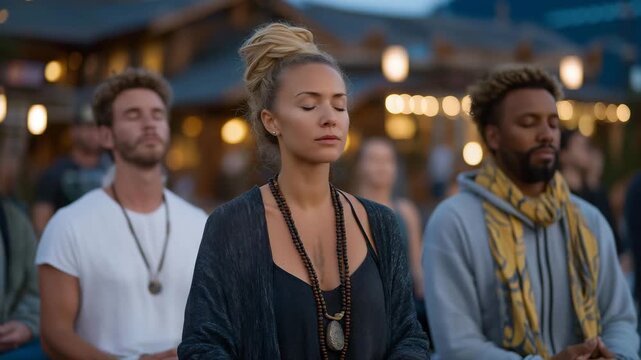 A multicultural meditation group practicing under lantern lights, each participant wearing subtle symbols of their spiritual background &mdash; global mindfulness, shared inner peace, and cross-tradition