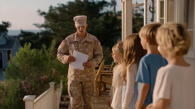 A neighborhood scene unfolds at golden hour, with families standing on porches waving small flags as a local soldier walks down the street. Children smile shyly, holding handmade drawings, while