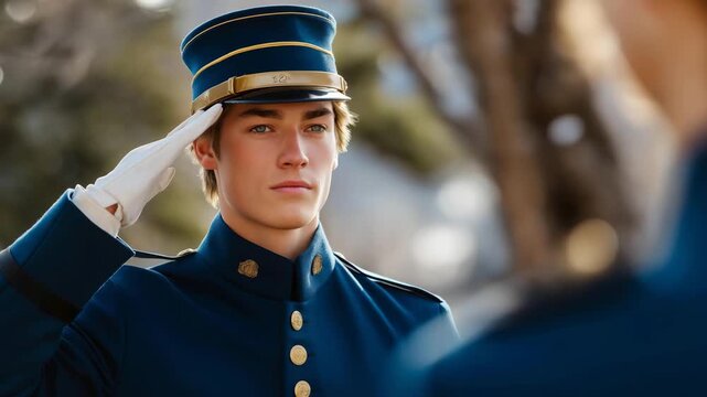 A nervous recruit delivering a first salute during inspection, standing straight as the officer evaluates them &mdash; ceremonial discipline, tradition, and the formative pride of early military moments.