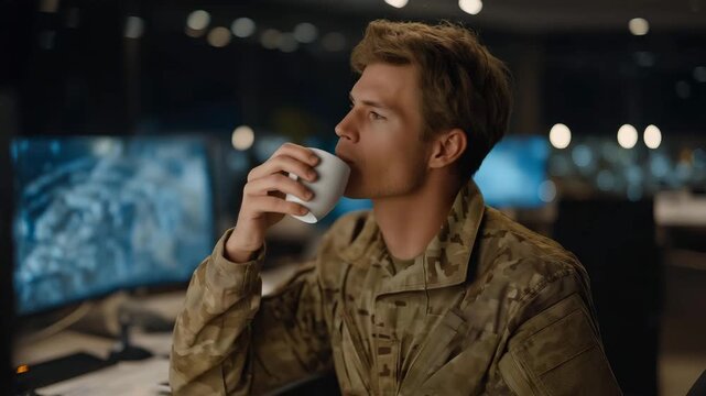 A night-shift intelligence officer analyzing infrared drone feeds in a low-light room filled with screens, marking suspicious patterns while sipping cold coffee &mdash; covert surveillance, critical