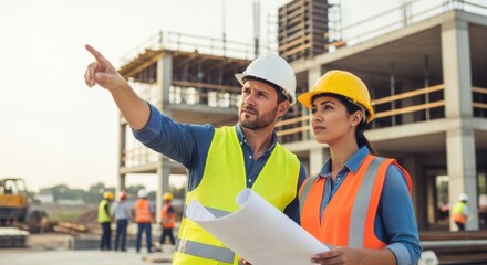 Two confident construction workers or architects pointing and inspecting a project site. Professional man and woman in hardhats discussing building plans for a new development.
