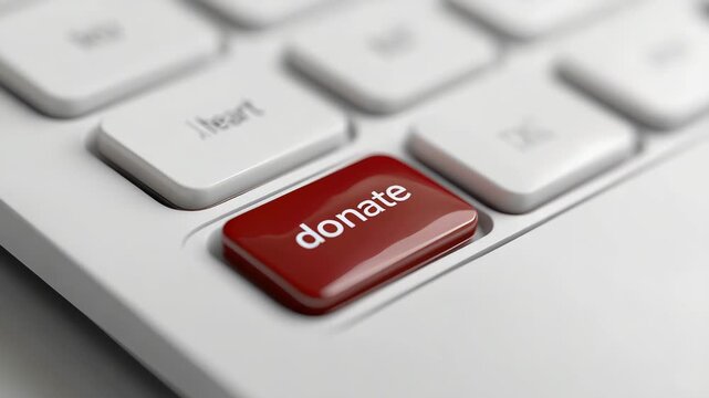 close-up of a person's finger pressing a keyboard button with the word donate and a heart icon