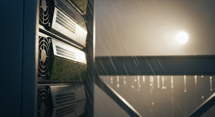 The relentless rain washes over a server rack, a stark contrast to the distant, veiled sun, suggesting both the power and fragility of modern infrastructure.