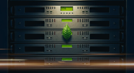 Server hardware integrates nature in concept. A server cabinet is shown, with a delicate green leaf. The juxtaposition of tech and nature.