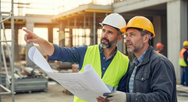 Professional architects with blueprints discussing project at construction site. Engineer and foreman in hardhats working on building development. Industry and teamwork concept. - Powered by Adobe