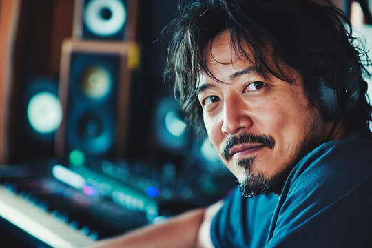 Professional sound engineer adjusting audio mixer in music production studio with vibrant neon lights generative ai - Powered by Adobe