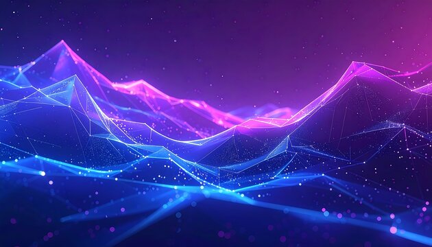 Geometric mountain landscape with neon pink and blue hues, connected by white lines and specks against a gradient background