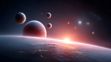 A vibrant cosmic vista showcasing a majestic sunrise on an alien world illuminating several celestial bodies and a distant galaxy evoking a sense of wonder and explo n