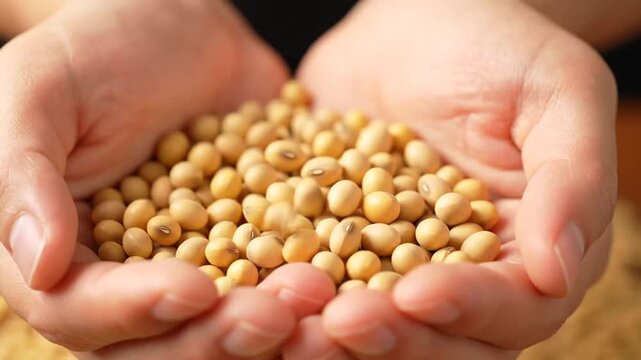 Close-up of hands holding round yellow seeds in a sequence of video frames