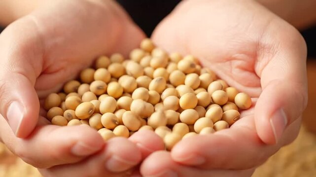 Close-up of hands holding soybeans in a sequence of frames showcasing the