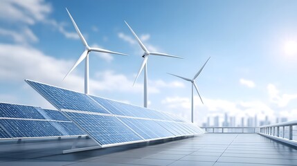 Modern rooftop installation showcasing a combination of solar panels and wind turbines set against a blurred urban background with a bright sky symbolizing clean energy and sustainable development