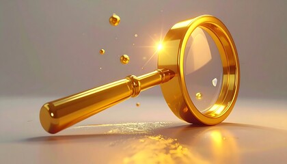 Glimmering gold magnifying glass on surface with floating gold spheres; highlights & reflections abound, soft focus background