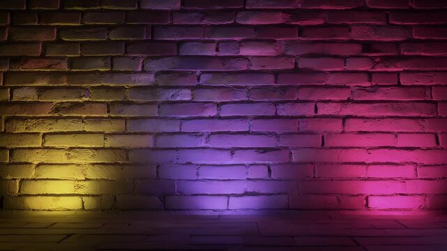 Dynamic video background features vibrant neon stage lighting washing over an empty industrial brick wall and floor