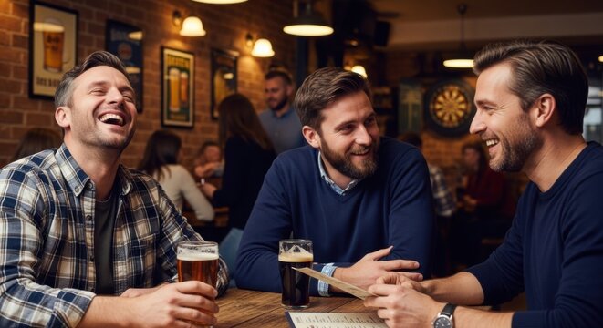 Happy male friends drinking beer and laughing in pub. Group of men having fun together at bar. Lifestyle concept for nightlife, leisure, alcohol and friendship marketing. - Powered by Adobe