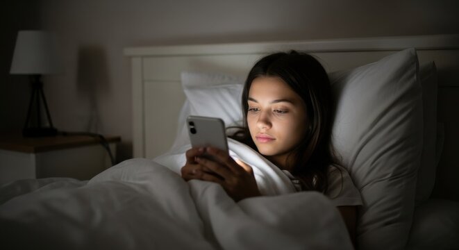 Teenage girl using smartphone in bed at night with screen light on face. Young woman texting or scrolling social media in dark bedroom. Insomnia and technology addiction. - Powered by Adobe