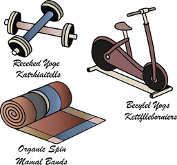 3D illustration of a set of isolated sport and fitness icons on white, representing healthcare, gym exercise equipment, and training activity