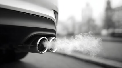 Close up of a car s rear showing twin chrome exhaust pipes releasing smoke  The blurred urban background and monochrome tones emphasize the atmospheric effect of vehicle emissions