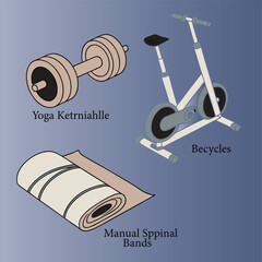 Vector illustration set of fitness icons, including isolated gym equipment like dumbbells, weights, and a sport bike symbol on whit