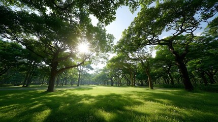 Obraz premium Golden sunbeams break through the dense canopy of mature trees in a serene park creating a beautiful play of light and shadow across the verdant sun drenched lawn