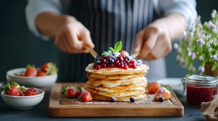 Delicious stack of homemade pancakes topped with jam strawberries blueberries and a mint leaf prepared on a wooden board with powdered sugar