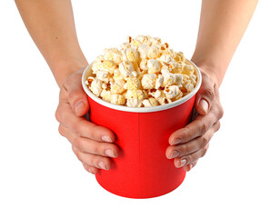 Hand Holding Popcorn in a Paper Bucket on Transparent Background

