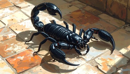 Glossy, black scorpion with massive pincers rests on tiled surface; sunlight creates warm shadows