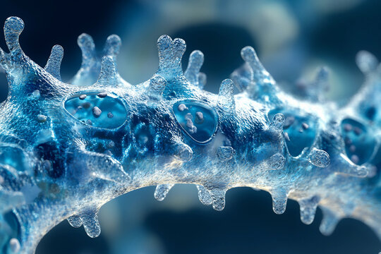 Generative AI illustration of microscopic bacterial forms showcasing vivid molecular structures and glowing effects - Powered by Adobe