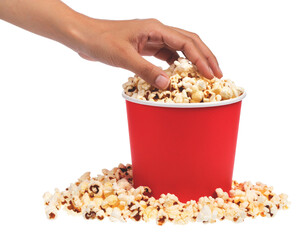 Hand Holding Popcorn in a Paper Bucket on Transparent Background

