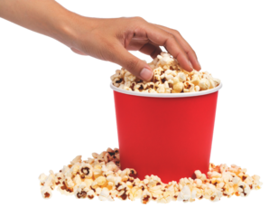 Hand Holding Popcorn in a Paper Bucket on Transparent Background

