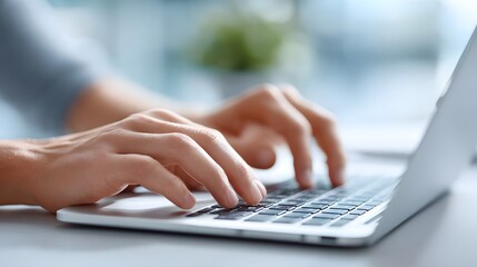 Close up of hands actively typing on a sleek laptop keyboard in a blurred office environment symbolizing productivity focus and technology use