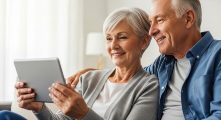 Happy senior couple using digital tablet together on sofa at home. Elderly husband and wife looking at screen, video calling family or shopping online. Retirement technology.