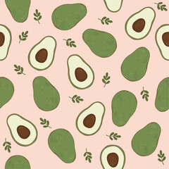 Seamless Avocado and Leaves Pattern on Pastel Pink Background, Textile Surface Design