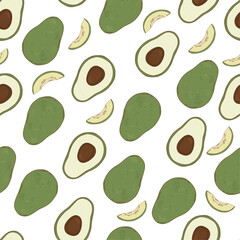 Seamless Avocado Pattern on White Background, Healthy Food Design