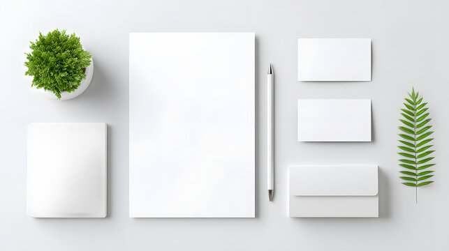 A top down view of a modern clean workspace featuring blank white business cards envelopes a pen a small green plant and a white electronic gadget