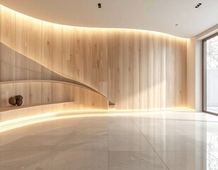 Obraz premium Curved wooden wall with recessed shelf and light