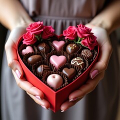 A pair of hands holding a heart-shaped box filled with delicious chocolates and red roses