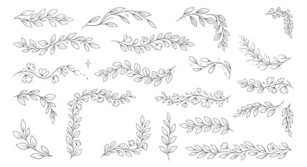Elegant collection of hand-drawn vintage floral borders, dividers, and corners with leaves and delicate blossoms for design.