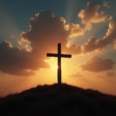 A spiritual silhouette of a cross on a hilltop during a beautiful sunset