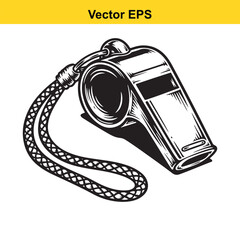 Sport whistle with braided lanyard, retro engraving style illustration.