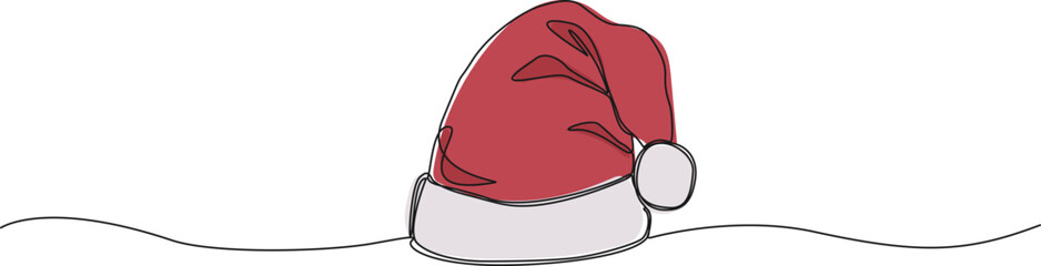 continuous line drawing of red and white Santa Claus hat, line art vector illustration