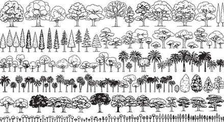 Collection of green trees and bushes in various shapes and sizes vector illustration