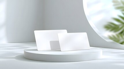 Showcasing two blank white cards on a clean white podium in a minimalist studio setting the soft lighting and shadows create an elegant aesthetic ideal for professional mockups