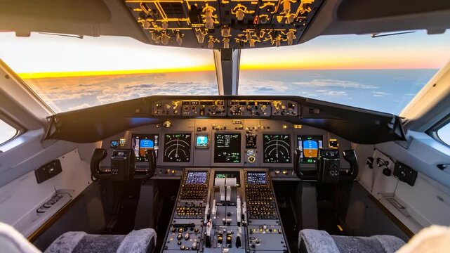 Airplane cockpit view at sunset over the clouds with flight instruments and controls in view providing transportation travel