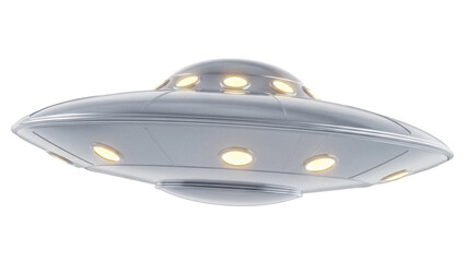 Silver UFO flying saucer isolated PNG, extraterrestrial spacecraft with lights on transparent background for science fiction and space exploration themes