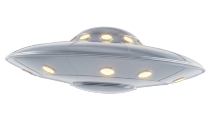 Silver UFO flying saucer isolated PNG, extraterrestrial spacecraft with lights on transparent background for science fiction and space exploration themes