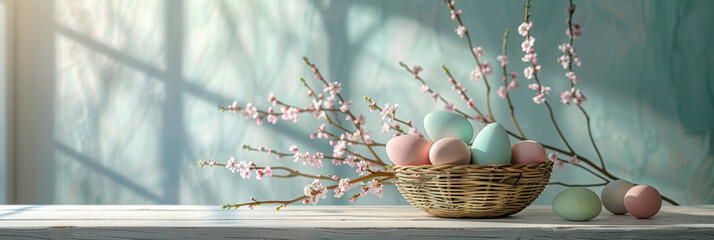 Speckled pastel blue and cream Easter eggs in rustic twig nest placed on distressed wooden surface with blooming branches near vintage window, evoking peaceful spring indoor setting with natural light