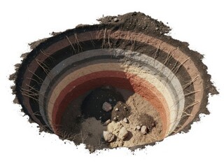 Soil layers in a pit isolated on white background showing different horizons